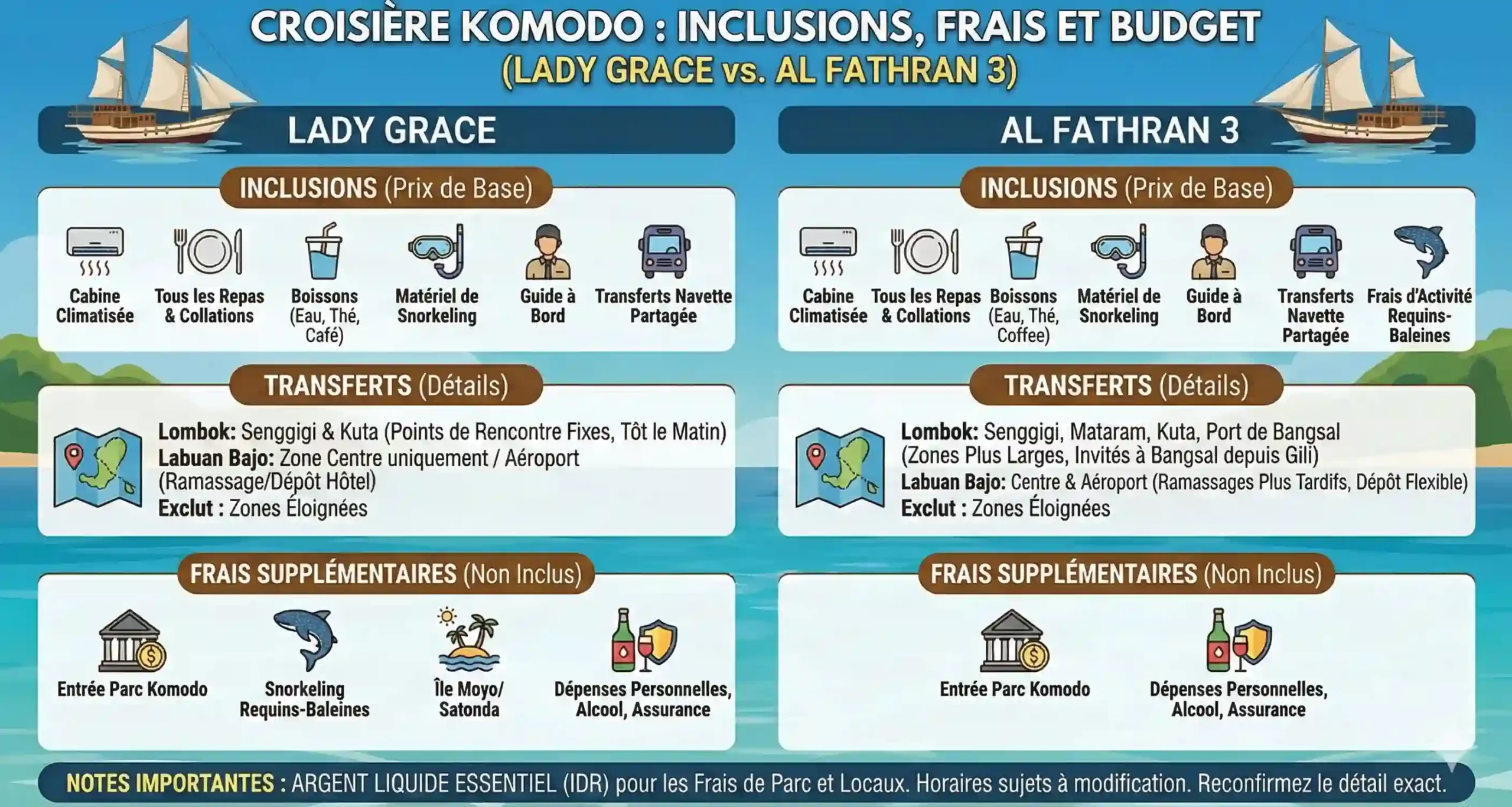 Infographie comparant les inclusions, les transferts et les frais supplémentaires des croisières Lady Grace et Al Fathran 3, détaillant les repas, les cabines et les frais de parc national.