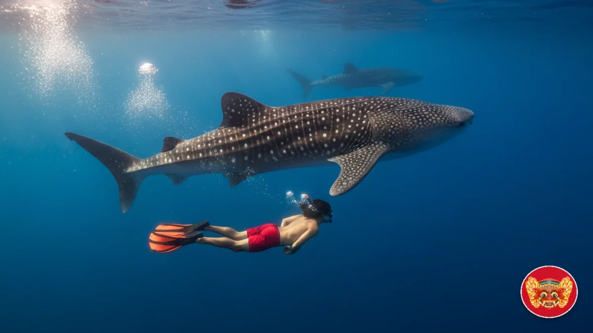 Un nageur faisant du snorkeling aux côtés d'un grand requin-baleine dans la baie de Saleh à Sumbawa, une activité phare de l'itinéraire de croisière 4J/3N.