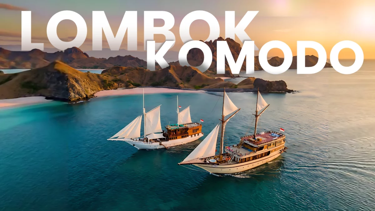 ue aérienne de deux bateaux Phinisi, le Lady Grace et l'Al Fathran 3, naviguant à travers les îles du Parc National de Komodo lors d'une croisière de 4 jours et 3 nuits.