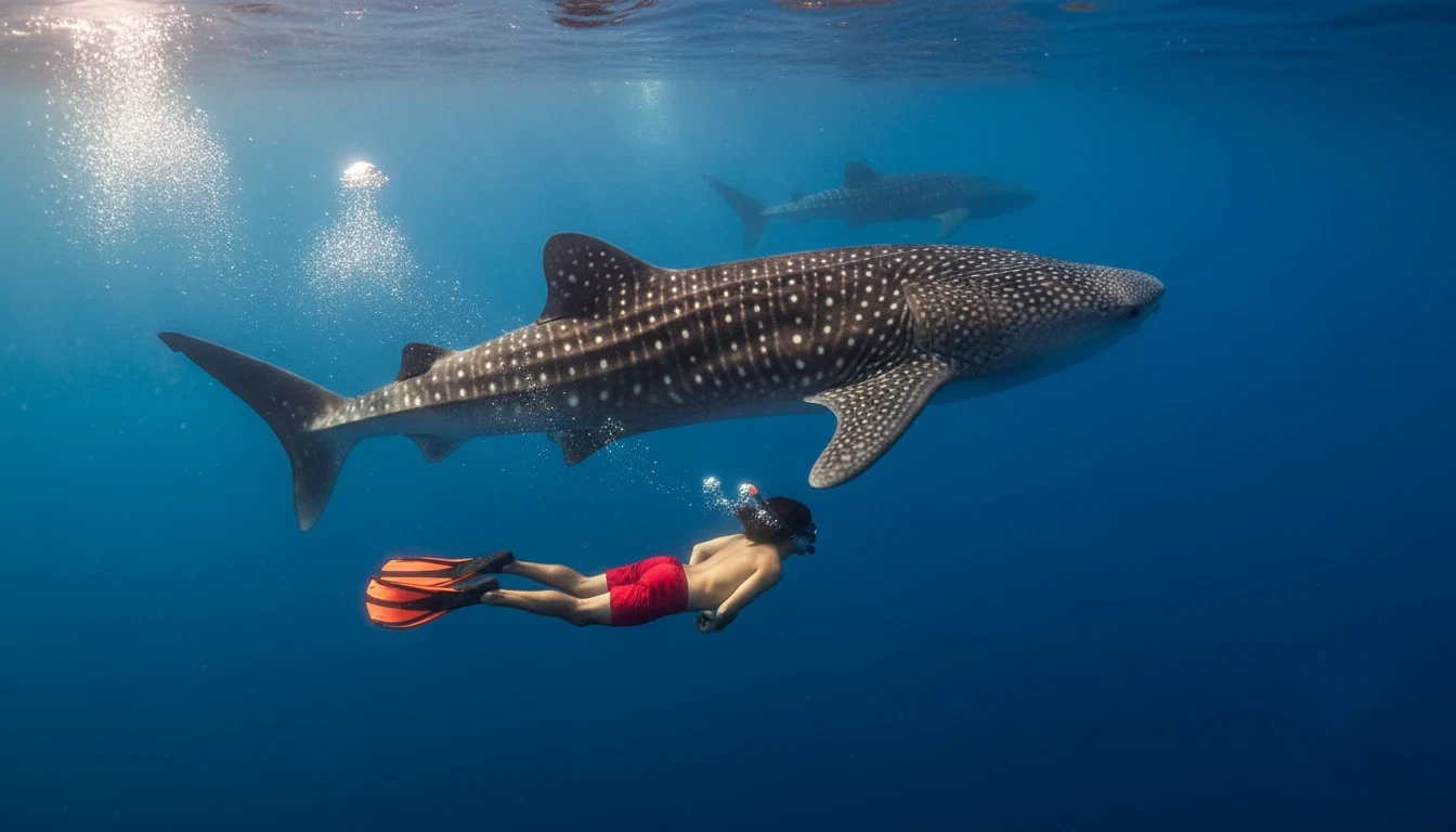Une photographie en vue scindée (mi-air mi-eau) montrant un dragon de Komodo sur une plage et une tortue de mer nageant au-dessus d'un récif corallien, illustrant la faune terrestre et marine du parc.